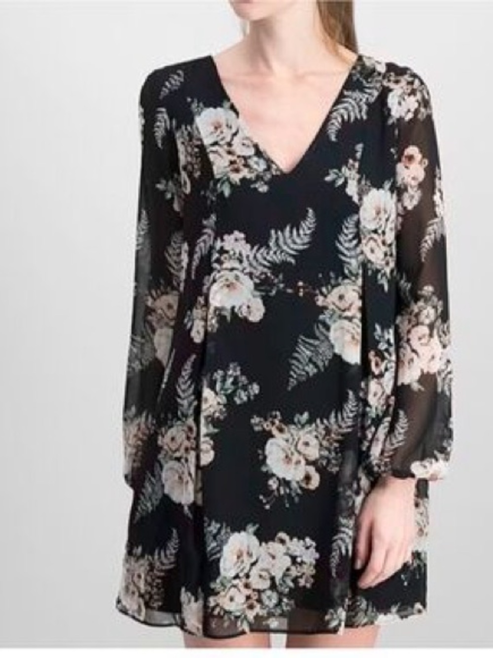 BCBGeneration Black Floral V-Neck Tunic with Pink and Cream Blooms